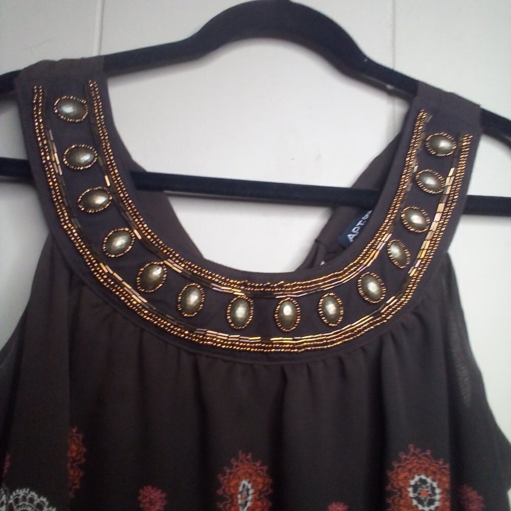 Apt. 9 Blouse L Sleeveless Beaded Ruffle Brown Orange - Picture 6 of 14